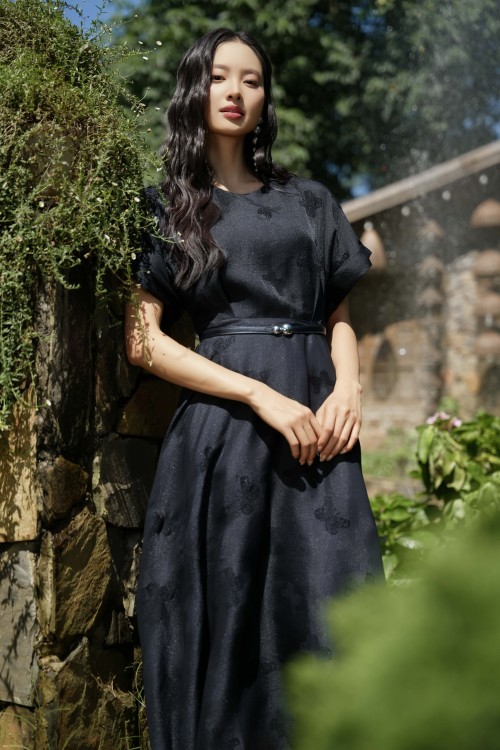 Sixdo Black Organza Flared Dress With Belt
